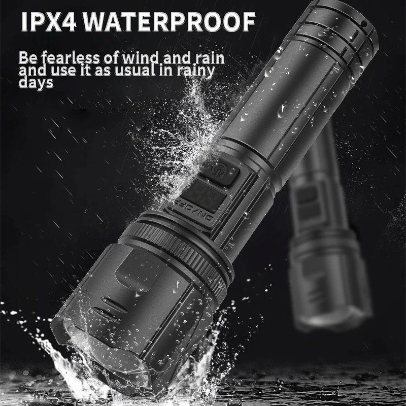 800m Super Bright Long Range Flashlight with 30W LED Type C USB Charging 5 Modes Zoomable Outdoor Emergency Torch