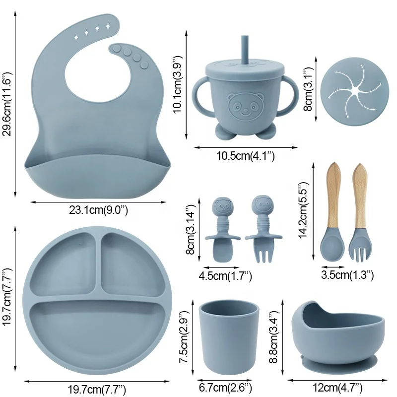Wholesale BPA Free Baby Safe Silicone Dining Plate Infant Feeding Utensil Cup Baby Plate Bowl Spoon And Silicone Bib Sets