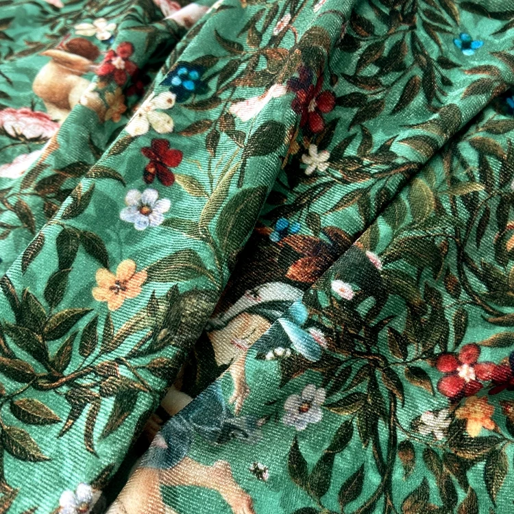 Green velour 95% polyester 5% spandex warp knitted floral digital printed korean velvet fabric for dress clothing