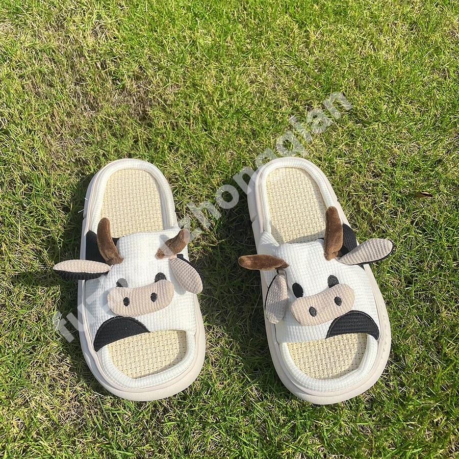 Summer Indoor Home Home Soft Bottom Linen Insole Slippers Non-slip Flat Cute Cartoon Cow Slippers for Women Gril Lady