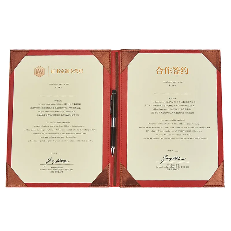 Custom Logo A4 Size Leatherette Certificate Holder Folder PU Degree Diploma Holder Cover