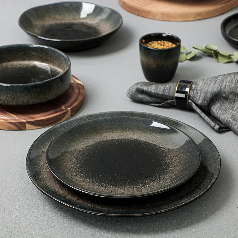 Turkish 16 Piece China Royal Black Flatware Table Ware Japanese Luxury Modern Ceramic Dinnerware Sets for Home