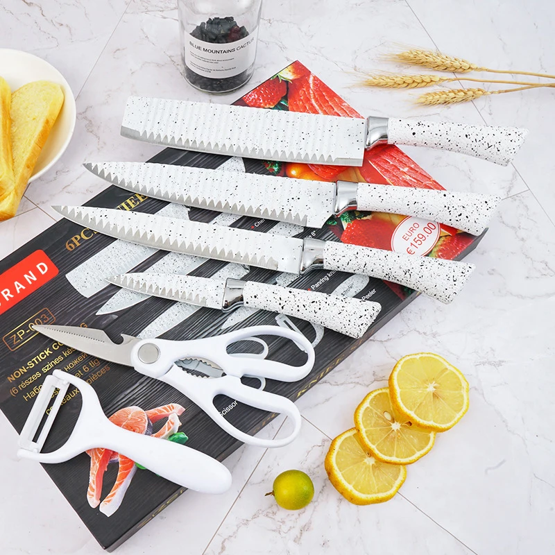 6Pcs Multifunctional Stainless Steel Kitchen Knife Set White Black PP Handle Cleaver Chef  Knives With Ceramic Peeler