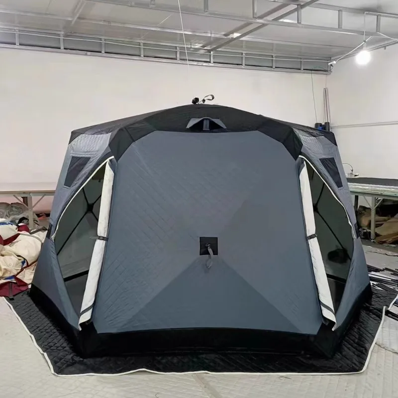 Outdoor Hexagon hub tent portable Up custom cube hiking insulated ice fishing tent 6 person winter camping hot tent with chimney
