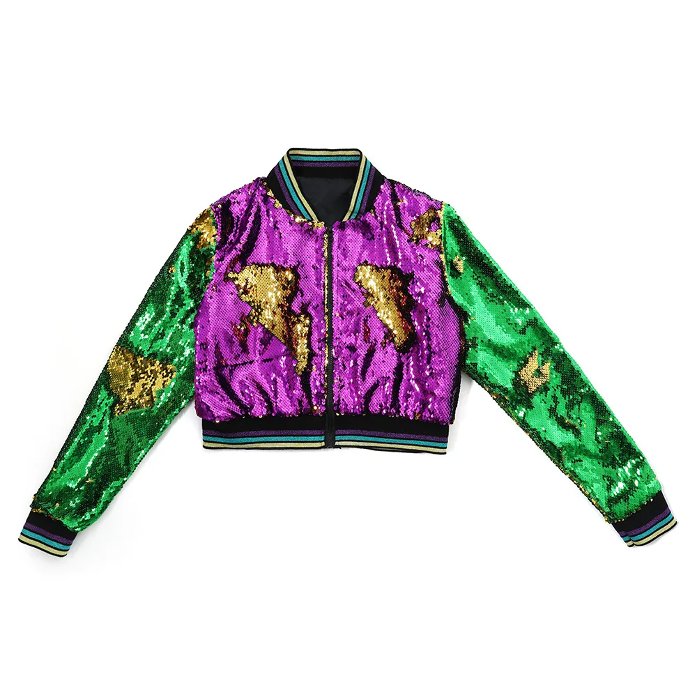 Rarewe Wholesale Mardi Gras Clothes Girls Festival Zipper Shiny Coat Green Gold Purple Reversible Sequin kid mardi gras Jackets