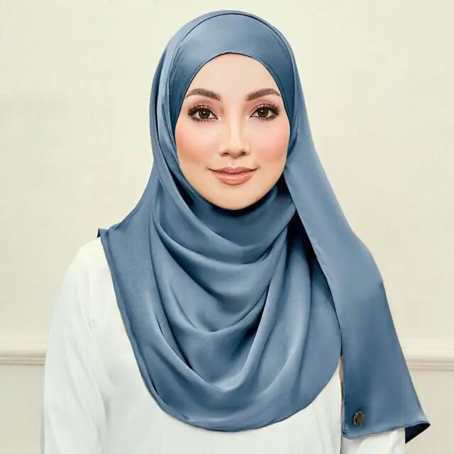 Wholesale High Quality Silk Satin Scarf Long Muslim Women Solid color hijab Malaysia Satin Turban