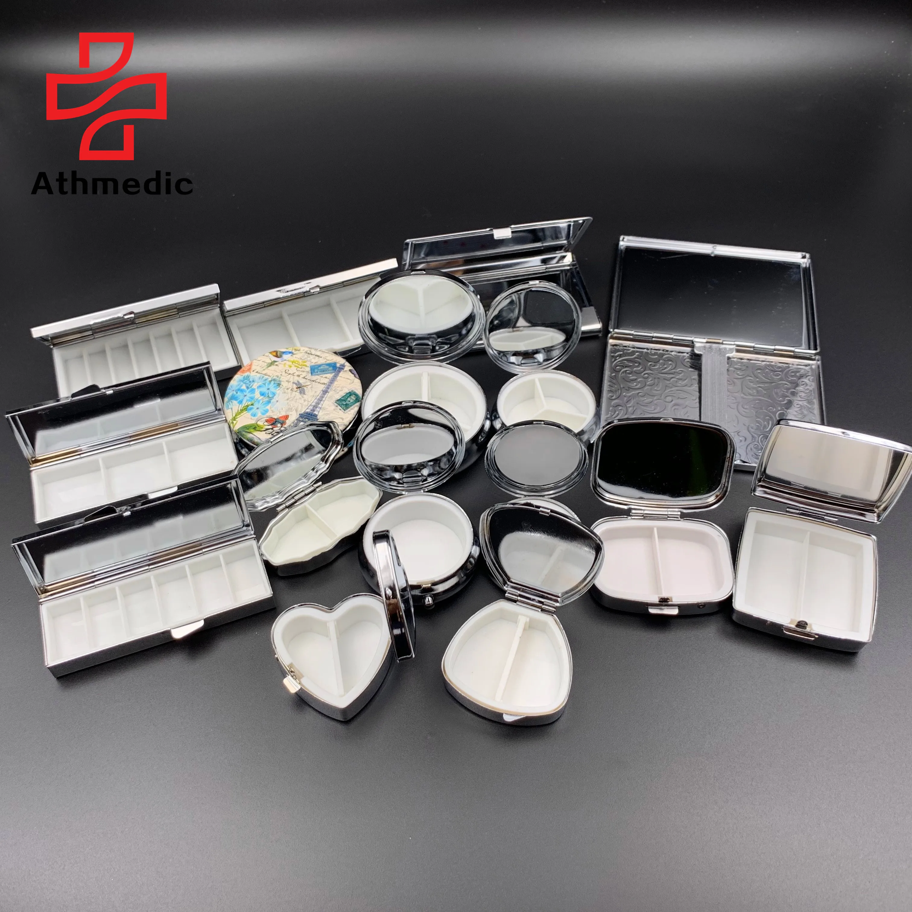 2022 Athmedic food grade 3 case round circle mirror jewelry promotional mirror decorate metal pill case box