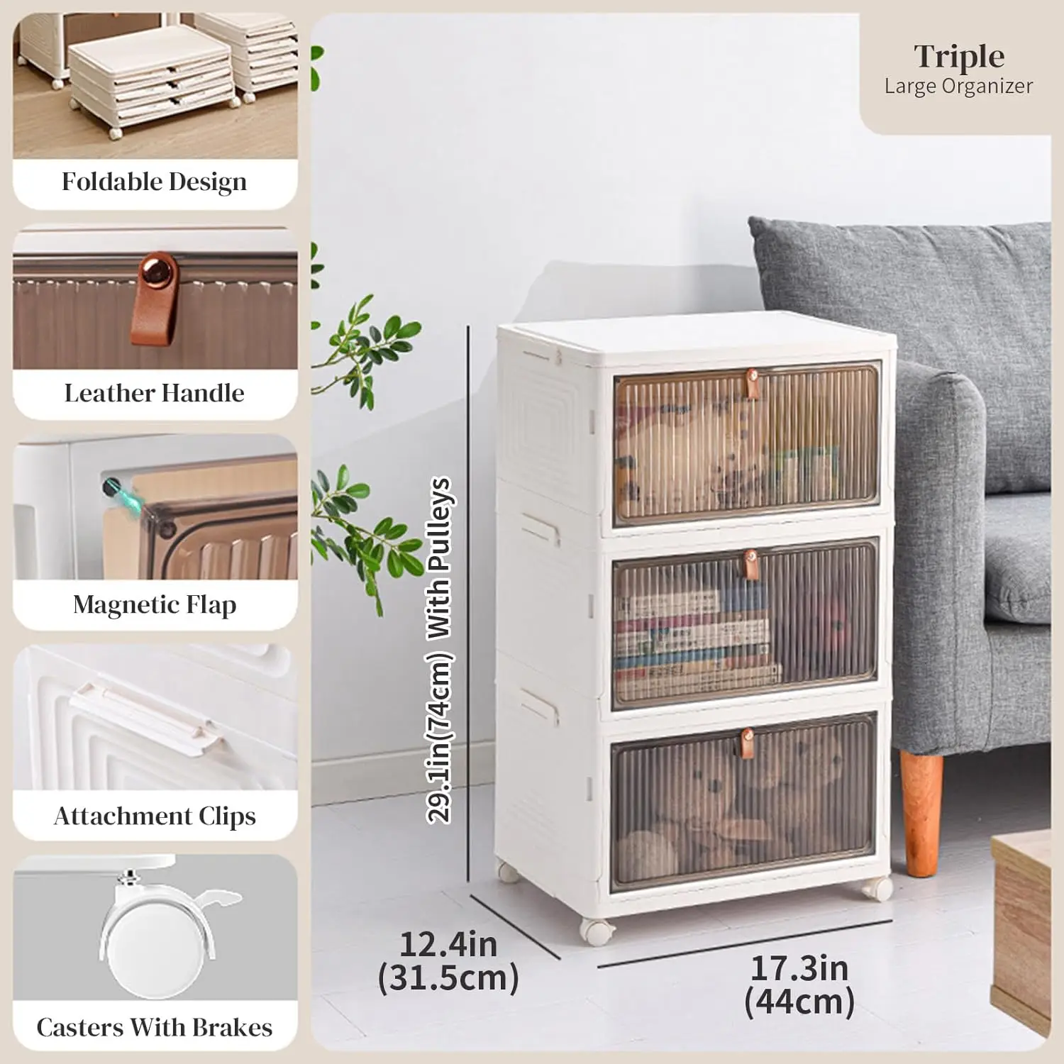 Collapsible Storage Bins with Lids- 36QT Folding Storage box with Wheels Clear Stackable Plastic Containers  Closets Organizer