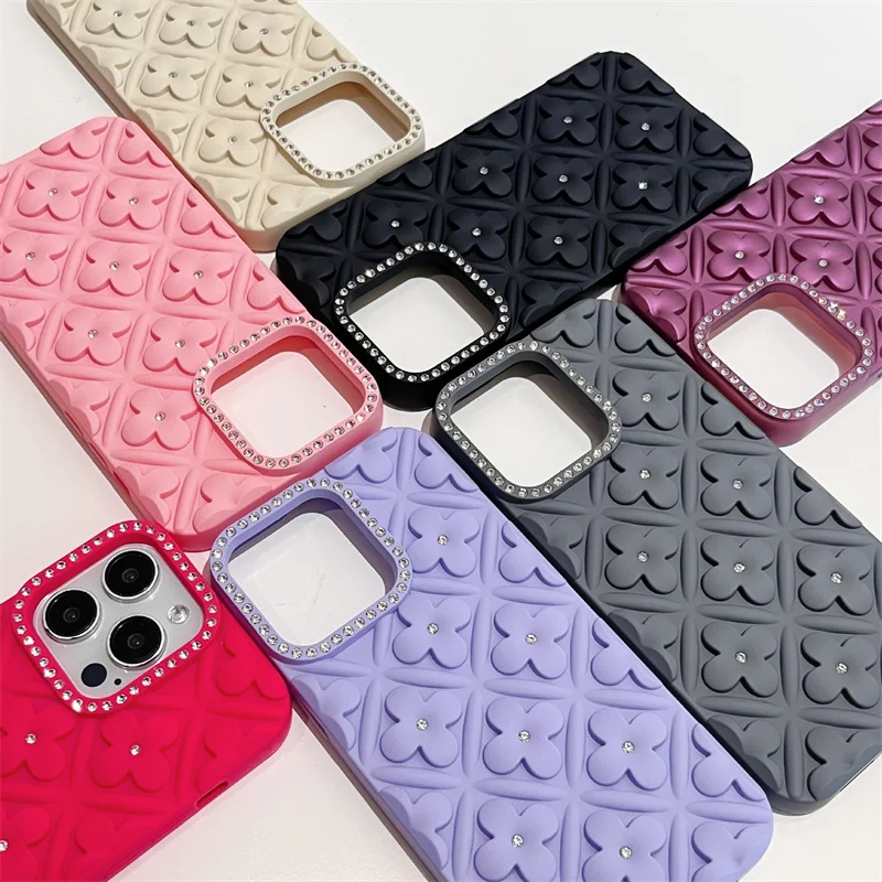 Shining Diamond Camera Lens Frame Flower Phone Case For iPhone 16 15 14 13 12 Pro Max Soft TPU Shockproof Cover