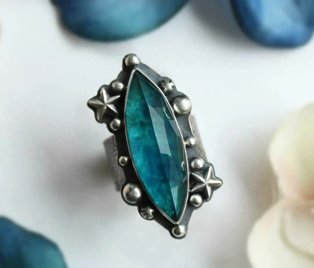 Lovely Neon Apatite 925 Solid Sterling Silver Ring Natural Gemstone Statement Jewelry