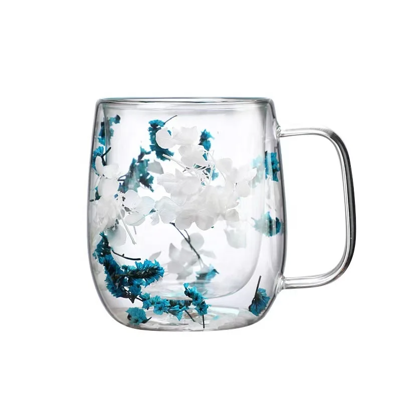 Double-Walled Insulated 350ml Glass Coffee Mug with Floral Handle Demitasse Clear Cups Cappuccino Coffee Tea Milk Latte Juice