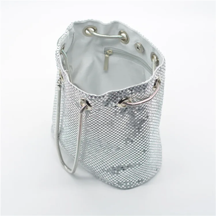 China supplier gold  color evening bag women metal mesh bucket handbag shoulder bag ladies cross body bag