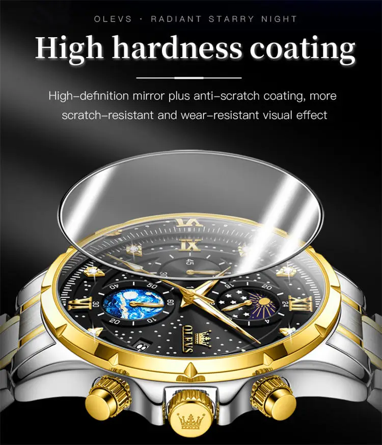 OLEVS 9807 special custom brand  gents quartz watch original Stainless steel band Luminous Chrono stars sun Casual hand watch