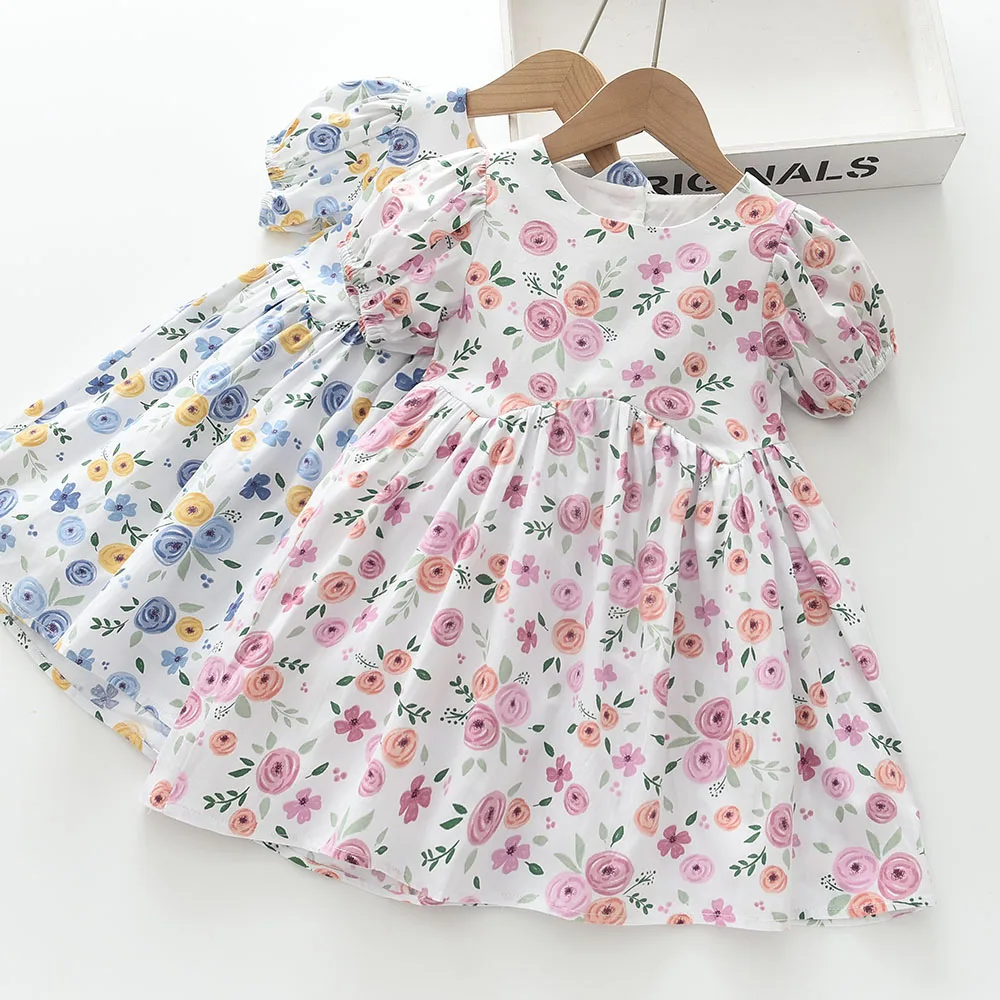 2024 New Arrival Boutique Girls Clothing 100%Cotton Children Casual Dress Puff Sleeve Girls Flower Dress for Summer