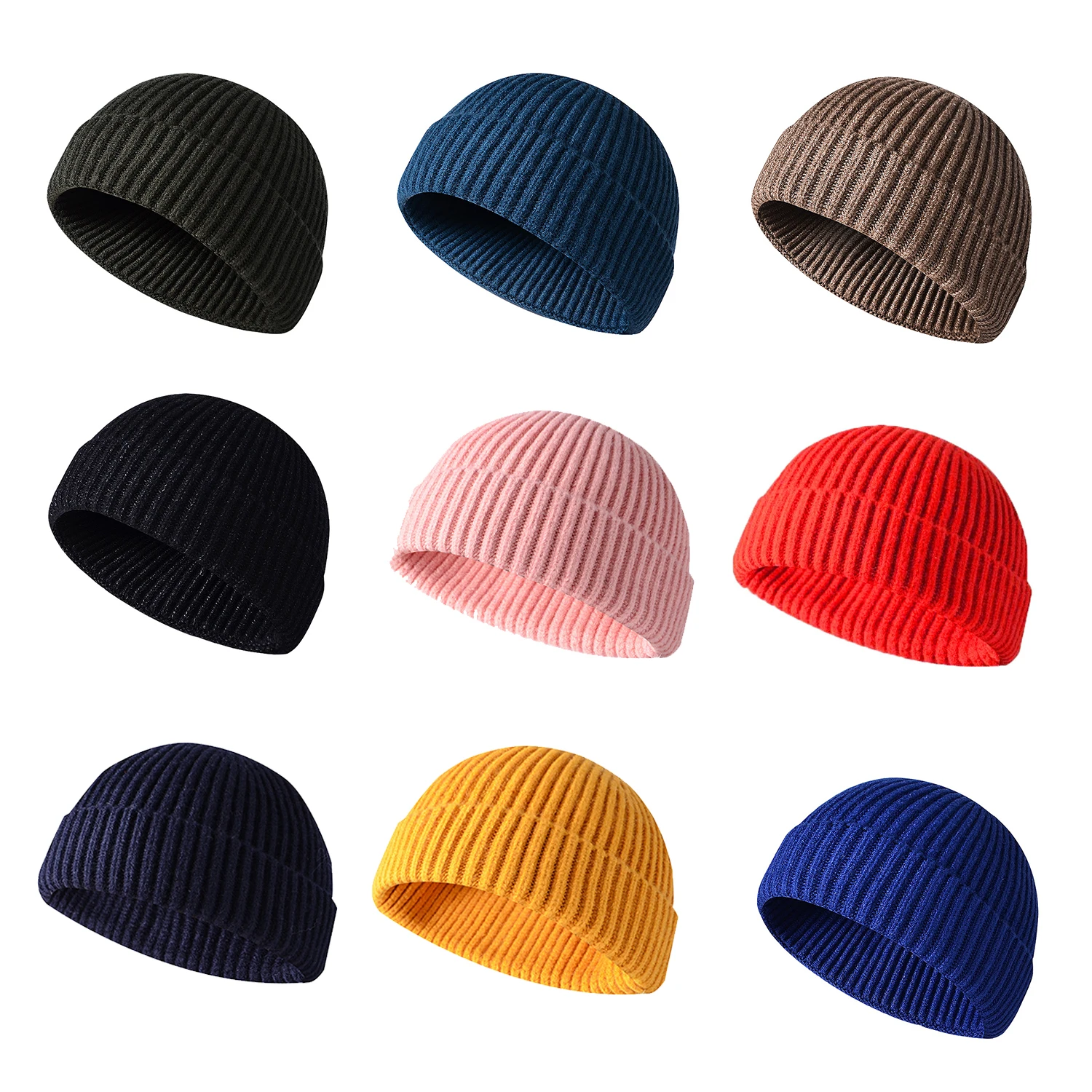 Custom  Wholesale Winter Plain Dyed Beanie Hat Warm Knitted Beanie Custom Logo Short Fisherman Beanie for Men Women