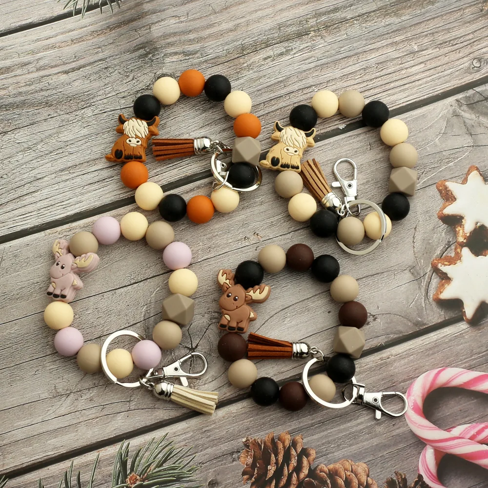 New Creative Cartoon Cow Elk Butterfly Wristlet Tassel Keychain For Girls Silicone Beads Bracelet Keychain Bag Pendant