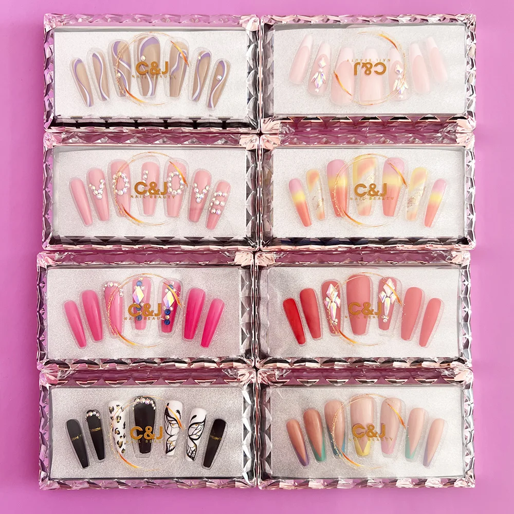 Custom packaging box rhinestone extreme long french nails false nails nude