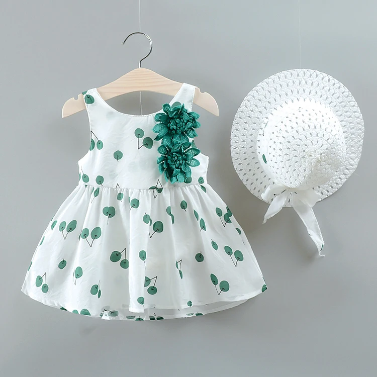 
Summer cute cotton blend baby kids clothes girl toddler dress with straw hat 