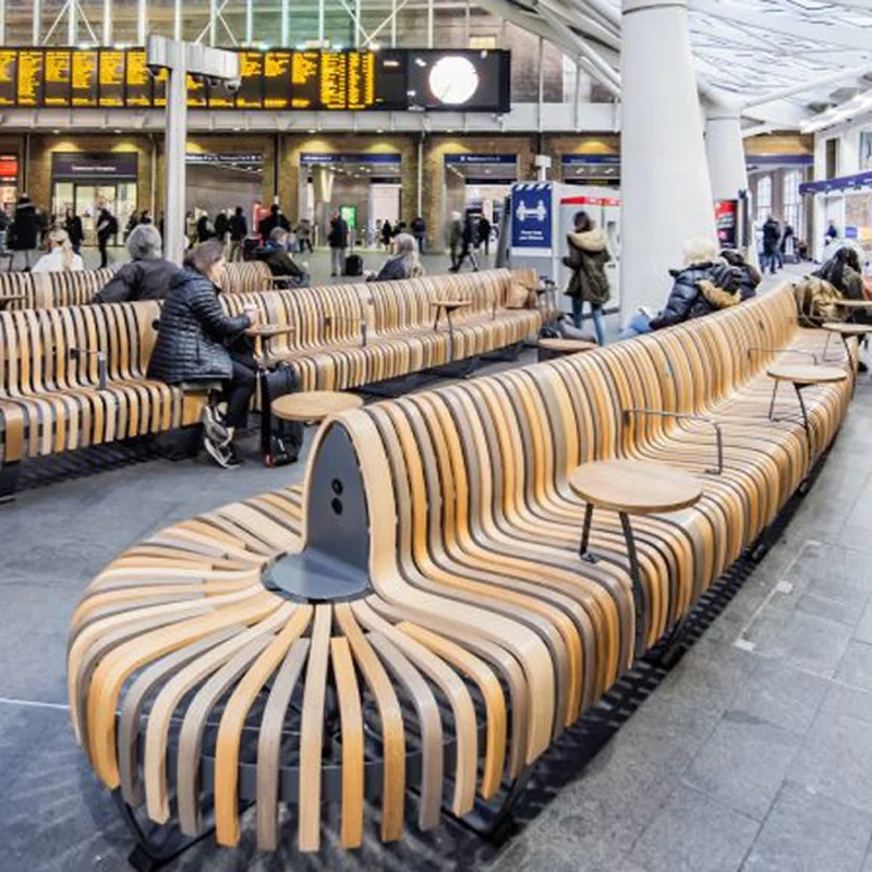 Curved Back Bench Parks Patios Customizable Easy-to-Clean Steel Metal Seating Solution Cost Effective Airports Train Stations