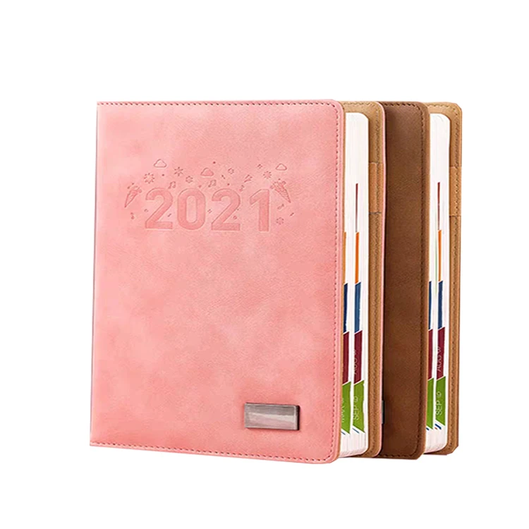 Top quality Custom logo monthly weekly agenda pu Leather wholesale notebook With colored index tab divider pen holder