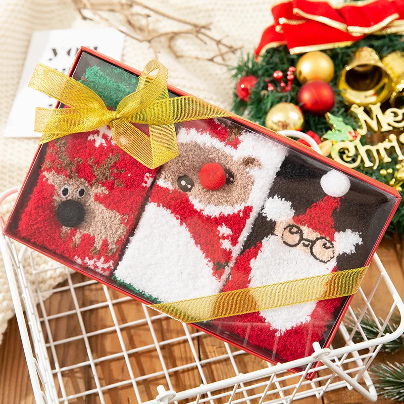 KTS199 OEM Custom Design Gift Box Family 3D Coral Velvet Socks For Men Women Parent-Child  Plush Floor Tube Christmas Socks