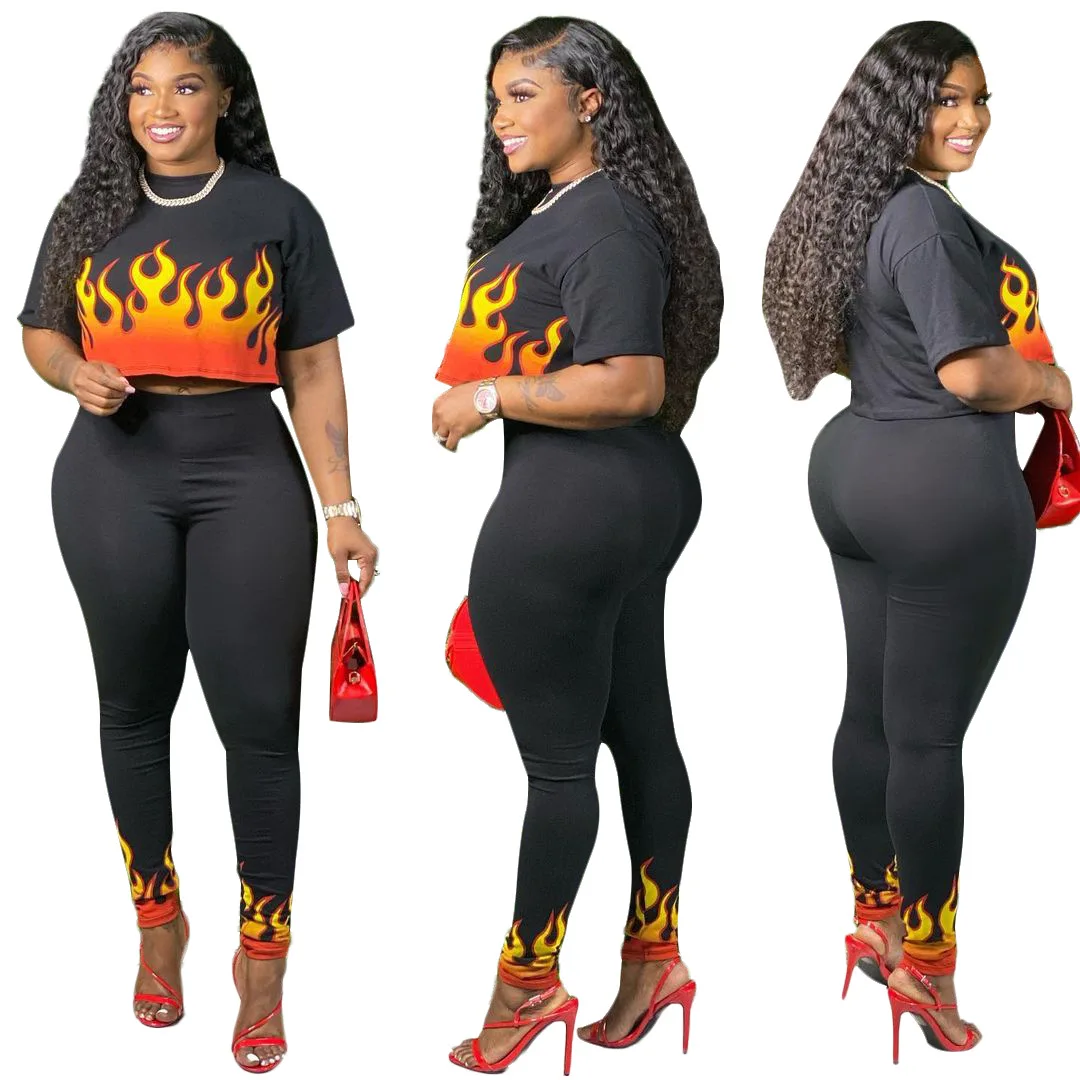 
spring 2021 new women plus size black color fire printed two piece pants set plus size spring set 