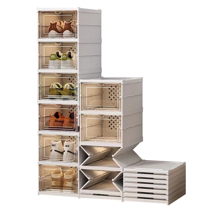 No Assembly Shoe Organizer Rack All-in-one Foldable Stackable Clear Plastic Shoe Storage Box Boots Sneaker Container Bins Holder
