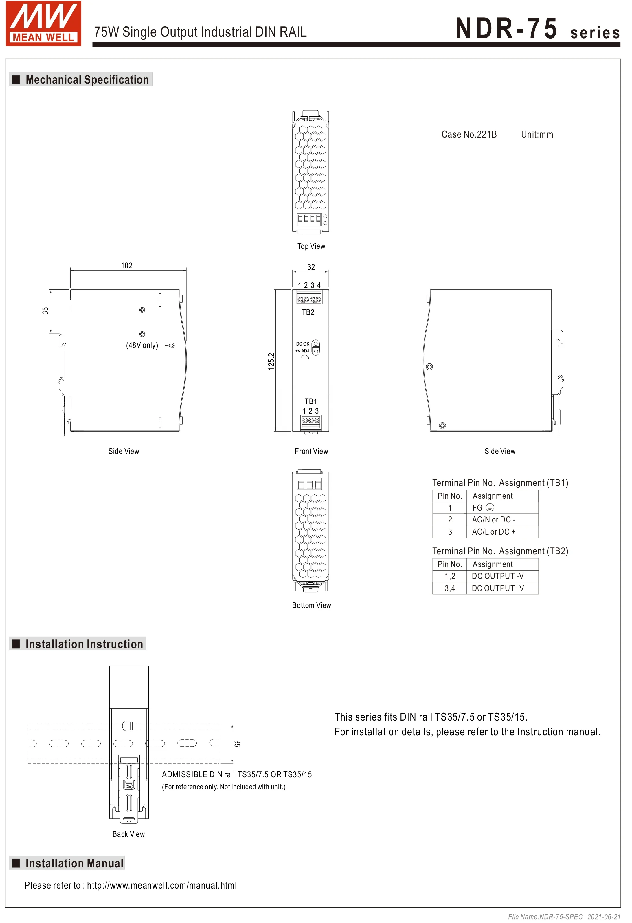 TaiWan MeanWell power supply NDR-75-24 NDR-75-12 NDR-75-48 12V 24V 48V DC Rail power box switching