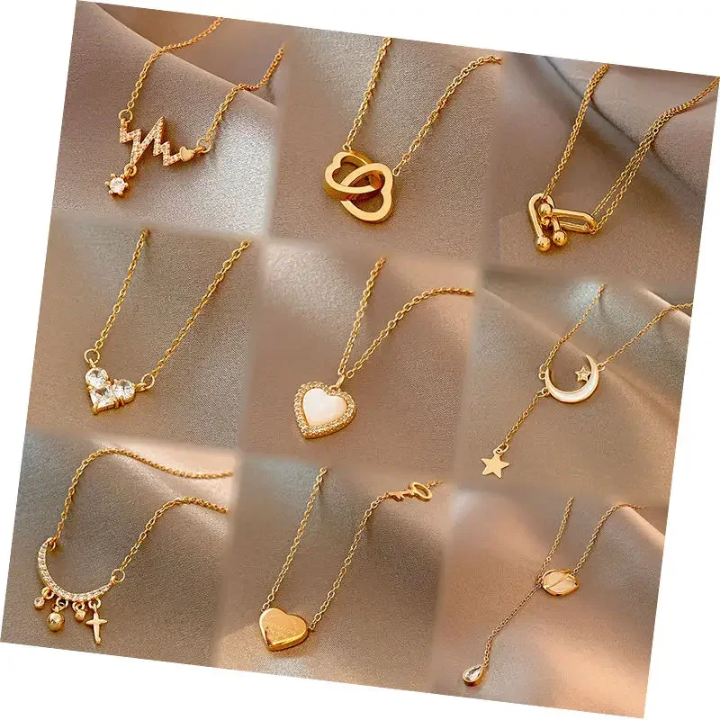 Multi Style Stainless Steel Gold Butterfly Pearl Letter Inlaid Zircon Cross Heart Bear Star Moon Necklace