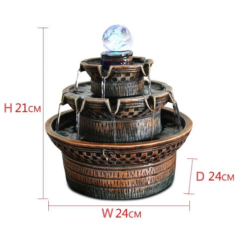 3 Tiered Resin Rock Waterfall Table Fountain Small Leisure Waterfall with LED Lights and Balls