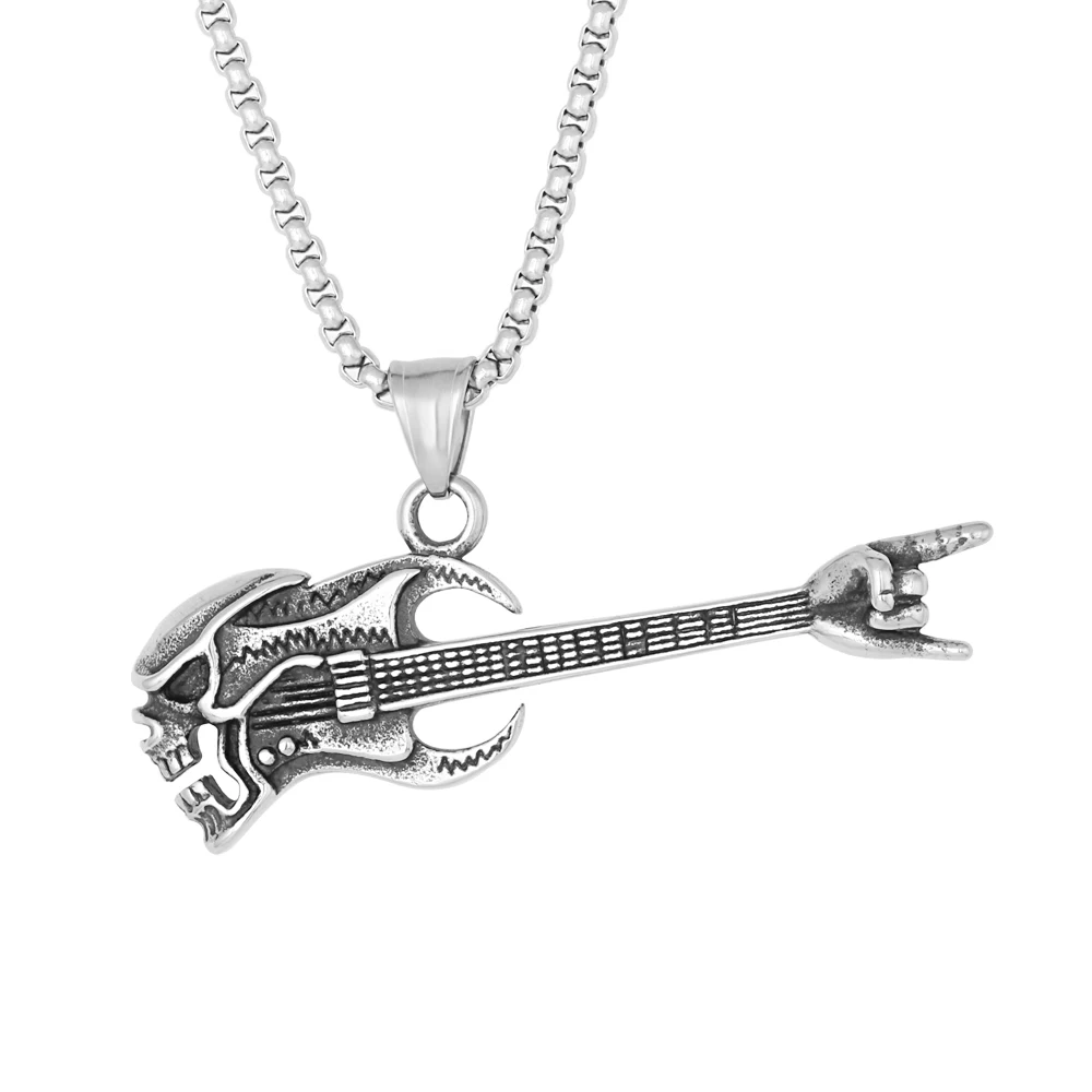 New Fashion Unique Design Rock Music Instrument Gesture Skeleton Guitar Necklace Stainless Steel Charm Pendant Necklace