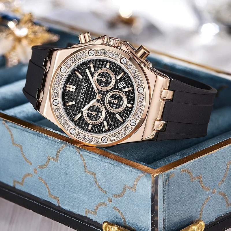 Pintime Luxury  Date Quartz Diamond Women Wrist Watch Silicone Band Fancy Rose Gold Ladies Watches