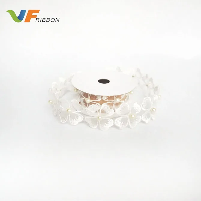 Chiffon Pearl Flower Embroidered Lace Trim / Bridal Wedding  Lace  wholesale haberdashery trim
