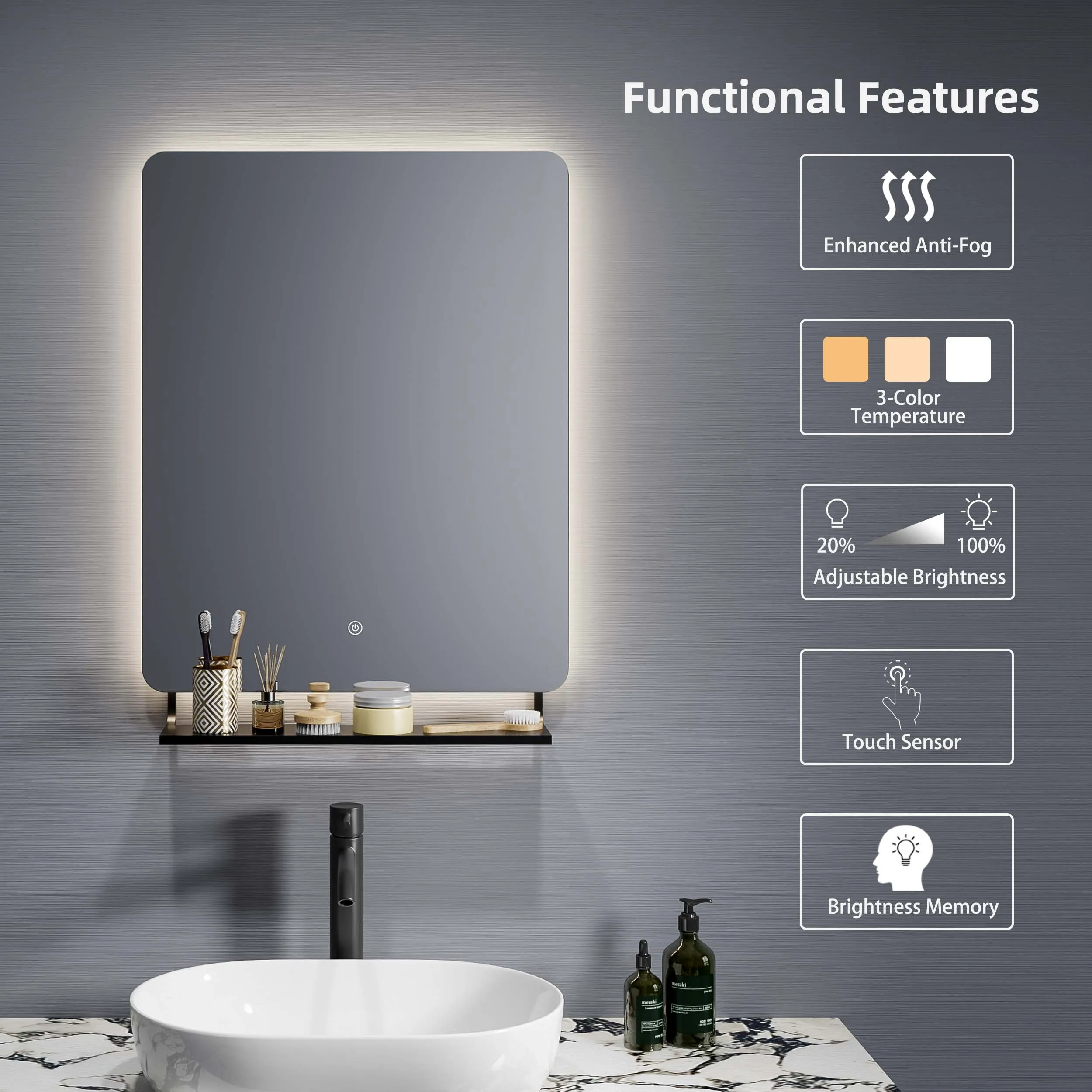 Modern Wall Illuminated Hotel Anti Fog Backlit Lighted Custom Frameless Led Light Shelves Square Bathroom Mirror With Shelf