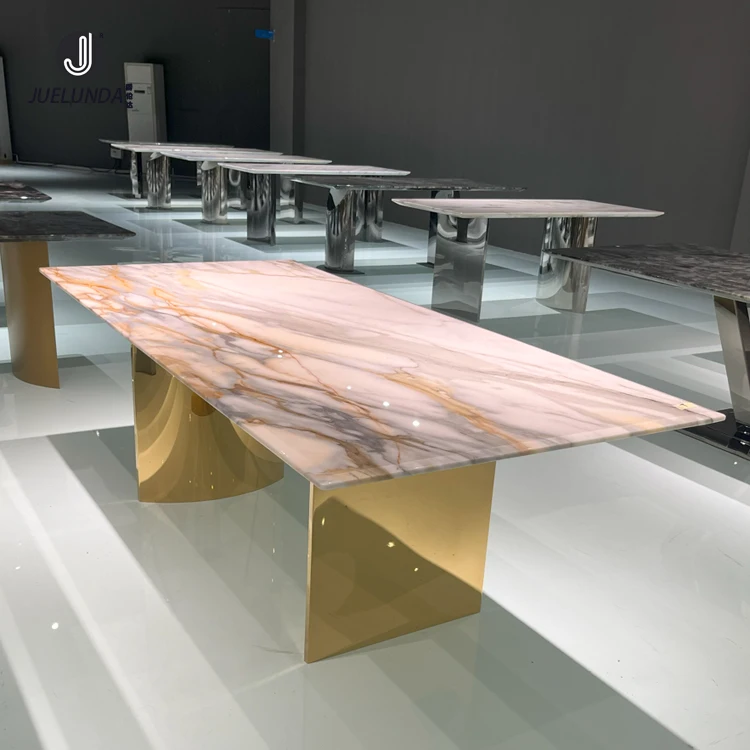 Rectangle Luxury Brown Natural Marble Silver Customised Dining Table Movable Dining Table Dragon Mart Dubai Dining Table