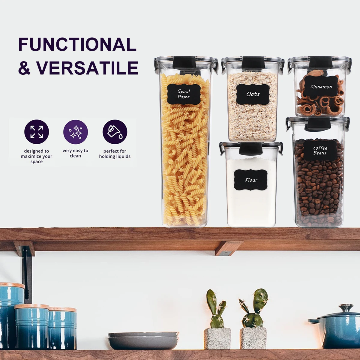 Large Airtight Food Storage Containers 5 Pieces BPA Free Plastic Cereal Containers Storage Set Kitchen and Pantry Organization