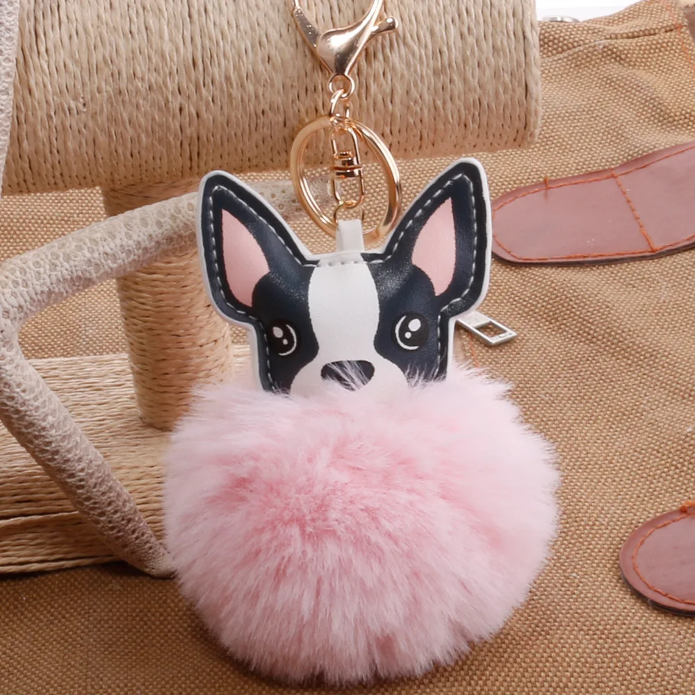 
Faux rabbit fur ball 2020 new arrivals leather dog pompoms cute key ring Plush Girl gift keychain 