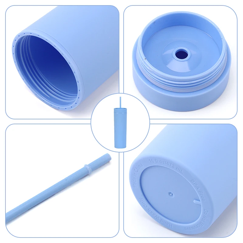 Promotion Gift 16 oz Doouble wall Plastic Cup Reusable Simple matte rubber paint 16oz skinny acrylic tumbler with lid and straw