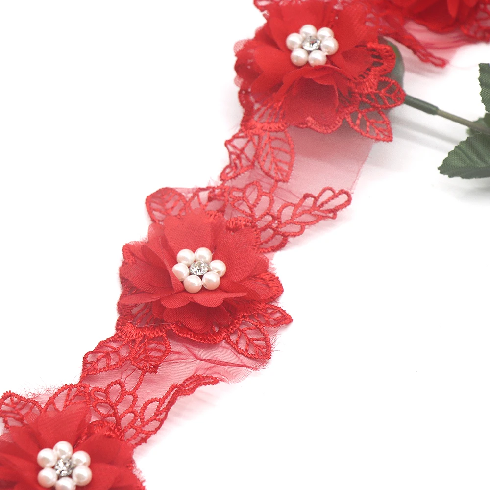 DIY Embroidered Wedding bridal Knitting Pearl Flower Organza Patchwork Ribbon Lace Trim
