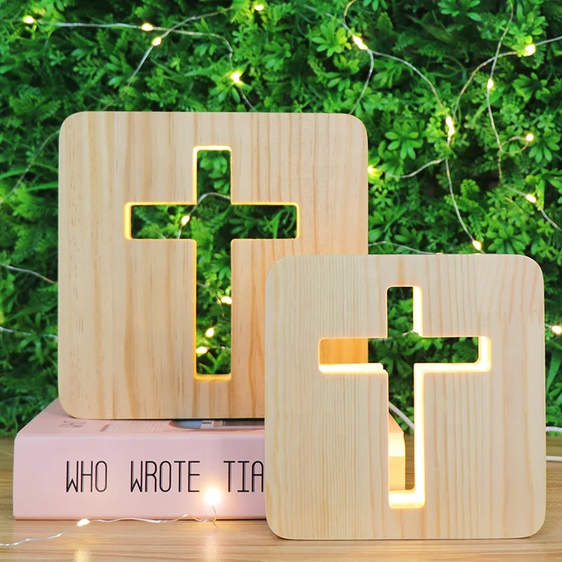 Wholesale 5V Wooden Led Desk Lamp Cross Shape Jesus Wood Night Light for Bedroom Decor