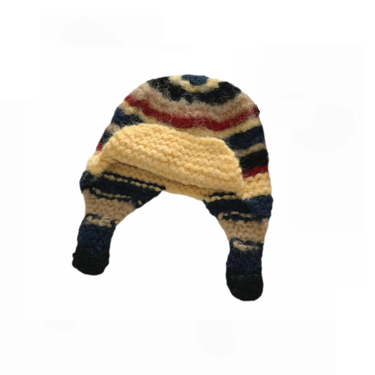 Striped Color block Knitted Beanies Cap Hand Knit Mohari Crochet Beanie Hat with Ear Flaps