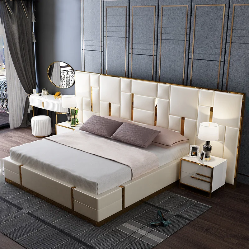Modern luxury bedroom furniture upholstered real leather italian bed with extended headboard king size white leather bed
