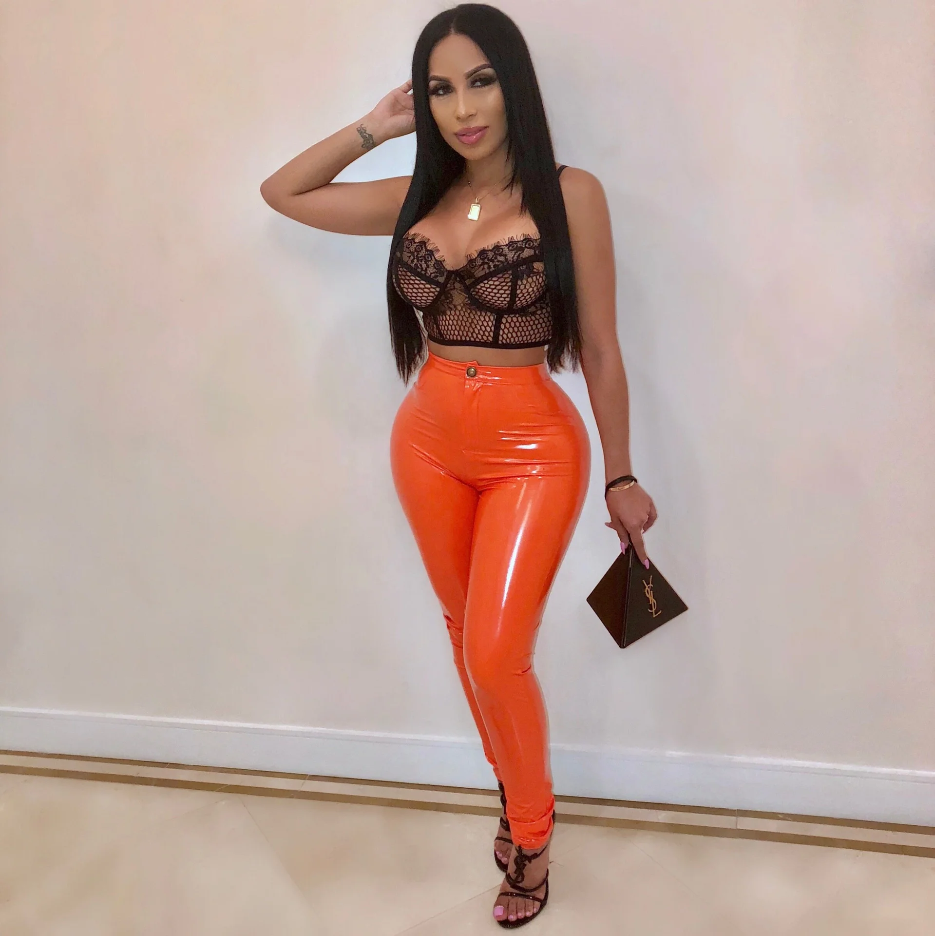2019 New Arrivals Fashion Women Plus Size Mid Waist Solid Color Skinny PU Leather Pants