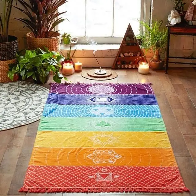 
Wall Hanging Mandala Bohemia Mandala Blanket 7 Chakra Tapestry Rainbow Stripes Tapestry Travel Summer Beach Mat Bikini Cover 