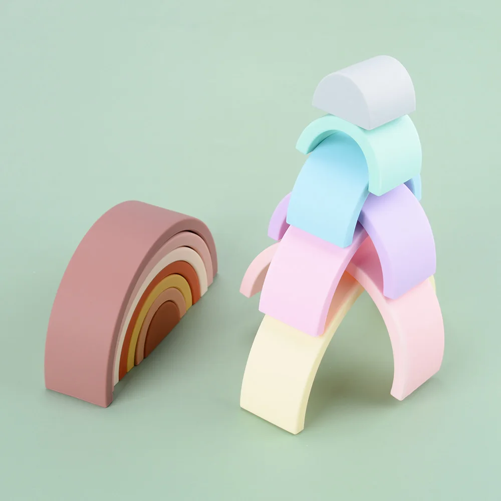 Rainbow Silicone Stacking Puzzles Toys Building Blocks for kids Educational Baby Stacker Nesting Puzzle Block