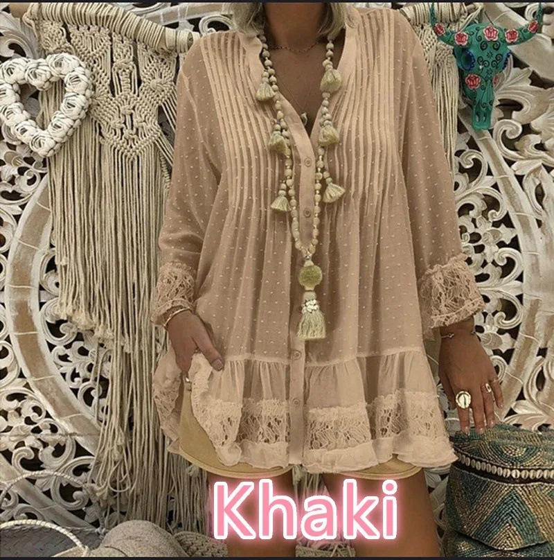 Summer Fashionable Long Sleeve Lace Crochet Patchwork Shirt Big Size Pleated Blouse Tops