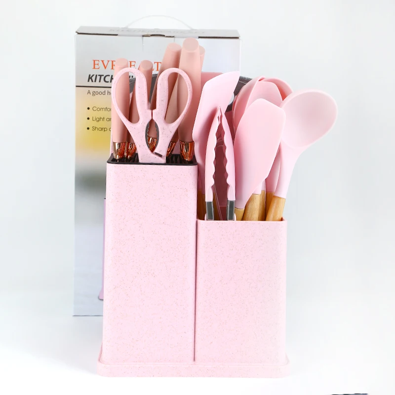 New design set of kitchen equipment accessories 19pcs pink silicone utensil kitchen knife with cutting board kitchen gadgets set