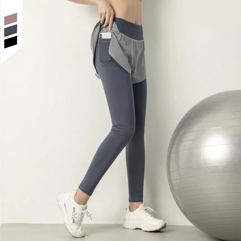 Autumn 2 In 1 Yoga Pants Double Layers Compression Running Sport Trouser pocket fitness running sports leggings with pockets