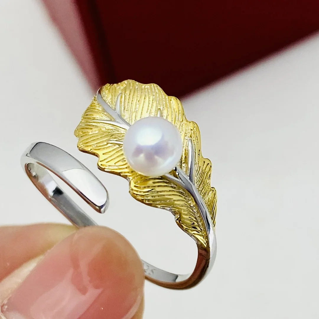 Adjustable Leaf Shape S925 silver Design Ring with 5mm Button Pearl for Lady Gift