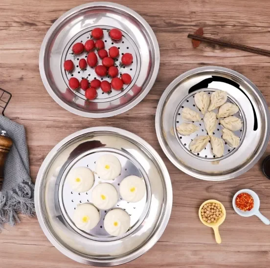 Wholesale 201/410/304 Steamer rack Stainless Steel Multi-Purpose Round Dumpling plate with color box